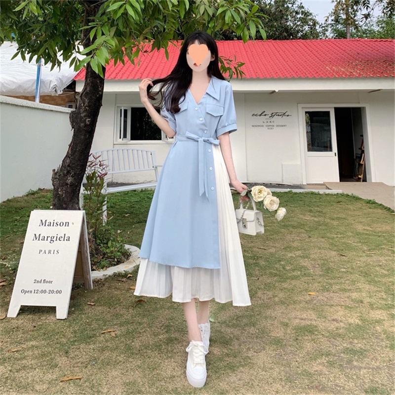 Abito Chemisier da Maternità da Donna Scollo a V con Cintura Midi Patchwork Chiffon Casual Abito per la Gravidanza