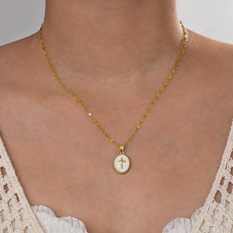 Stainless Steel Cross Pendant Necklace for Women Men Simple Round Colorful Drop Oil Necklace Vintage Punk Versatile Jewelry Gift