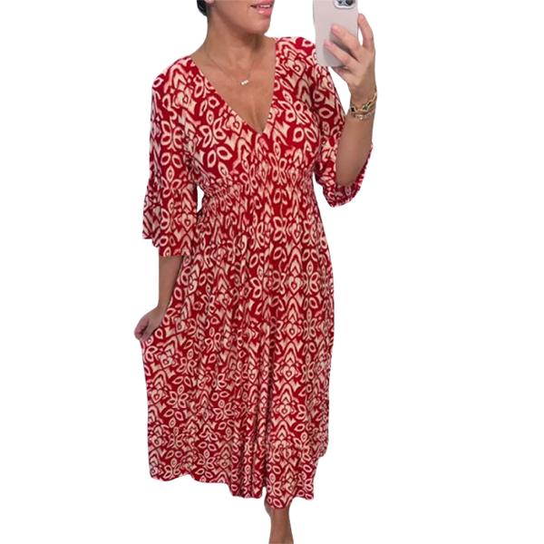 Women's Summer Bohemian Long Dress V-Neck Half Sleeve A Line Dresses Loose Floral Printed Sundress