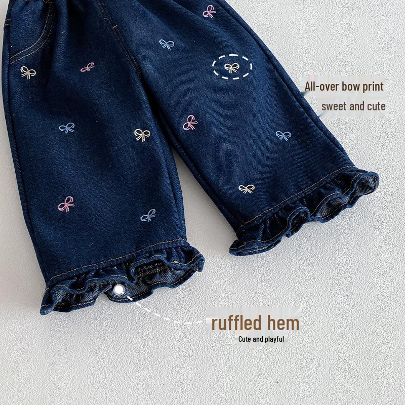 Girls' Winter Fleece-Lined Jeans with Bow and Lace Design
