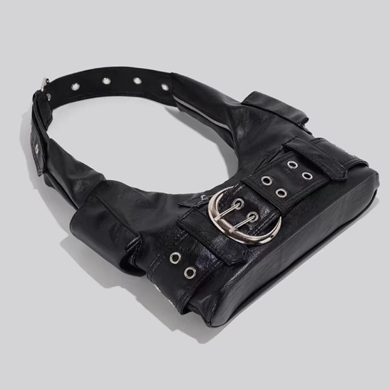 Y2K Klinknagel Riemgesp Handtas voor Dames Luxe Ontwerper Grote Capaciteit PU Leer Schouder Tote black