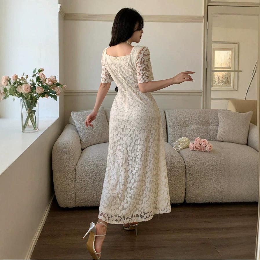 2026 European and American women's clothing women's tulip pattern square collar short-sleeved medium and long skirt summer banquet