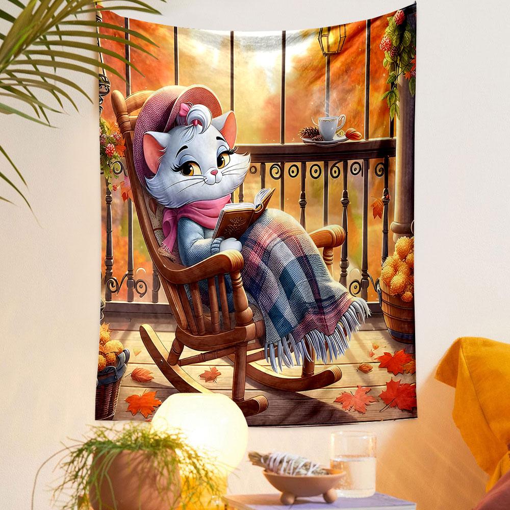 Cozy Cat Reading on Autumn Balcony Patterned Tapestry Decorative Wall Hanging, Home Bedroom Living Room Decor