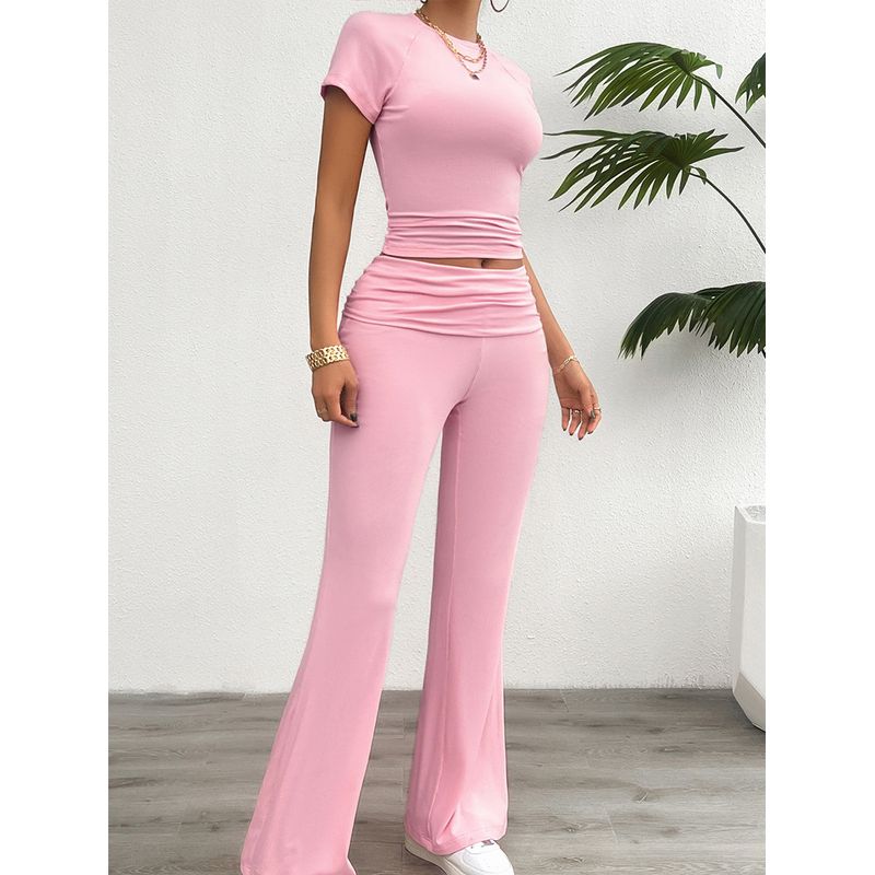 

Slim Fit T-shirt Solid Color Pants Set Silm T-shirt Pure Color Pants Suit Pink M