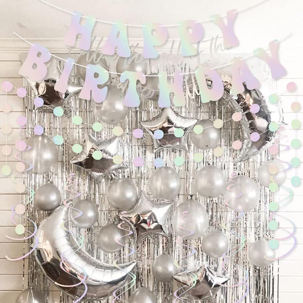 Disco Party Decorations, Iridescent Happy Birthday Banner Cute Foil Birthday Sign Hanging Streamer Balloon for 60s 70s 80s Women Men Cool Retro
