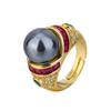 Hua Youmei Gold Plated Luxury Pearl Finger Ring Enamel Zircon Tahitian Grey