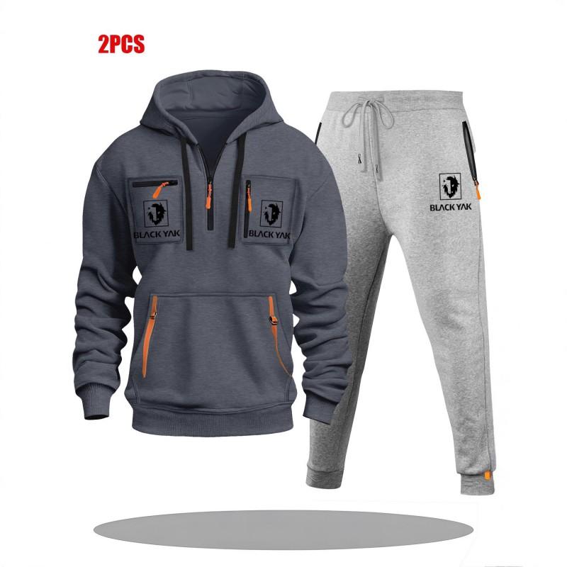 Mens Hoodie Sweatshirt Set Solid Color Multi-Zipper Pockets Casual Wear