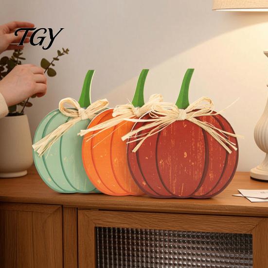 Autumn Home Centerpieces 3Pcs Pumpkin Ornaments, Rustic Wooden with Hemp Rope Bow Thanksgiving Decorative Objects Table Decor for Farmhouse