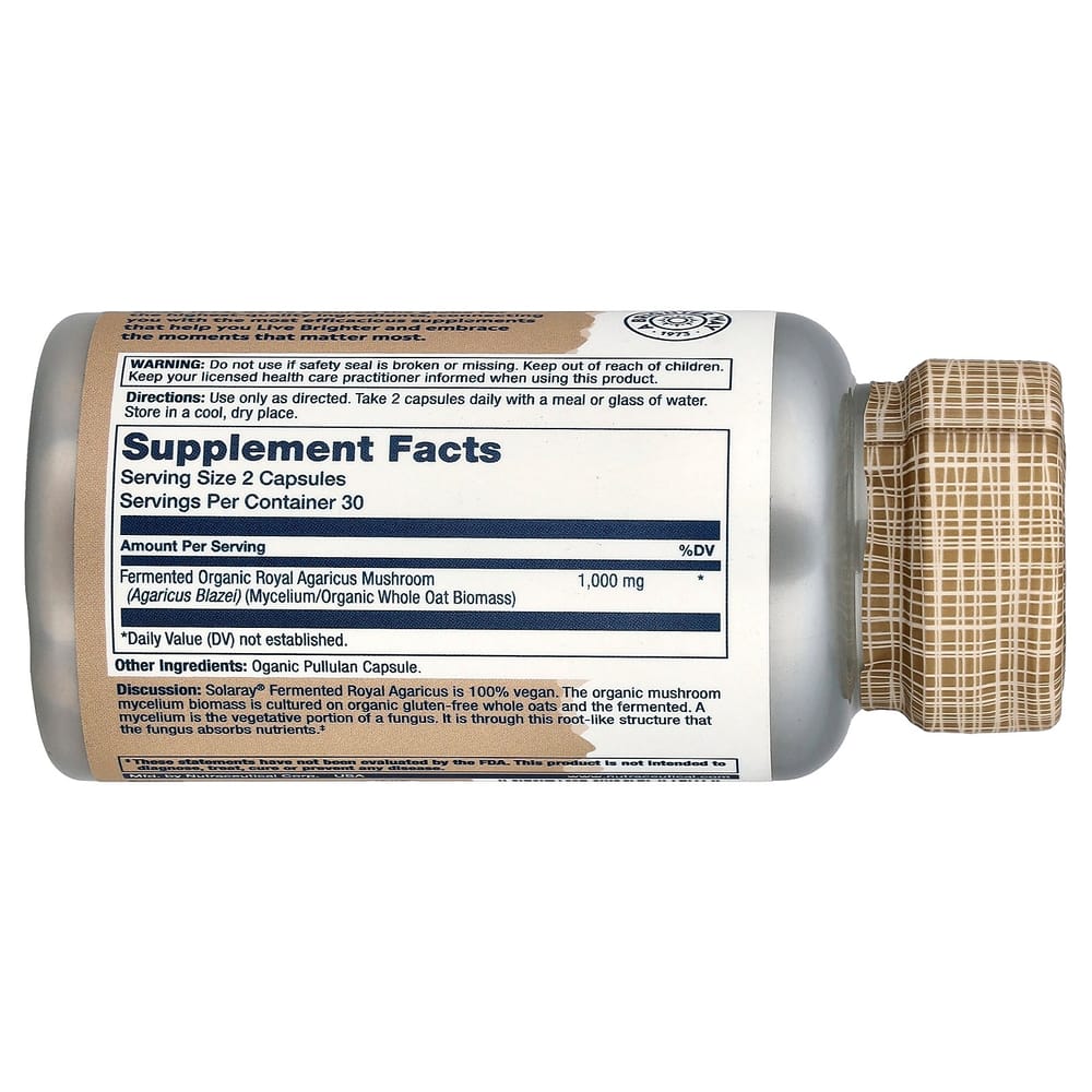 Solaray Fermented Royal Agaricus Mushroom 1000mg (Per Serving), 60 Capsules