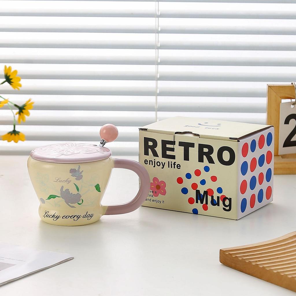 Pastoral Style Floral Ceramic Cup with Lid Spoon Mug Holiday Gift Cup Home Coffee Cup Souvenir Cup