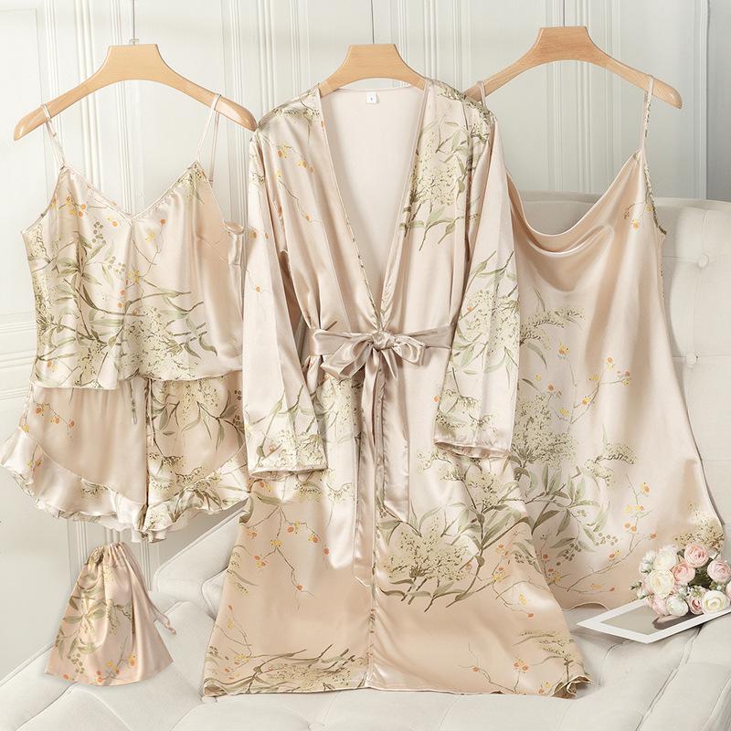 Elegant Women's Spring & Autumn Ice Silk Pajama Set: Long Sleeve Camisole Nightdress & Robe, 5-Piece Luxury Home Wear.