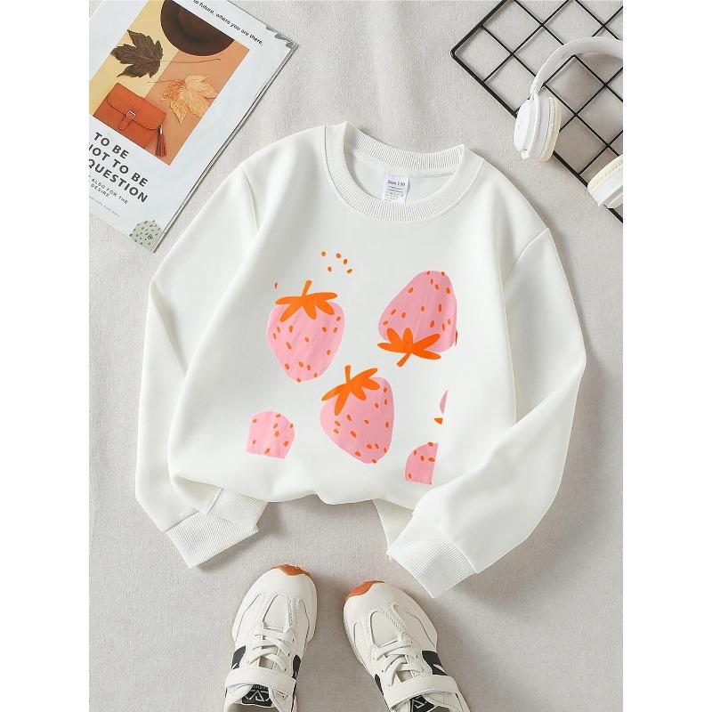 European sizes Kids' Crewneck Sweatshirt - Pink Strawberries with Orange Seeds , Sportswear And Casual Wear, Soft And Comfortable, Children's Clothing