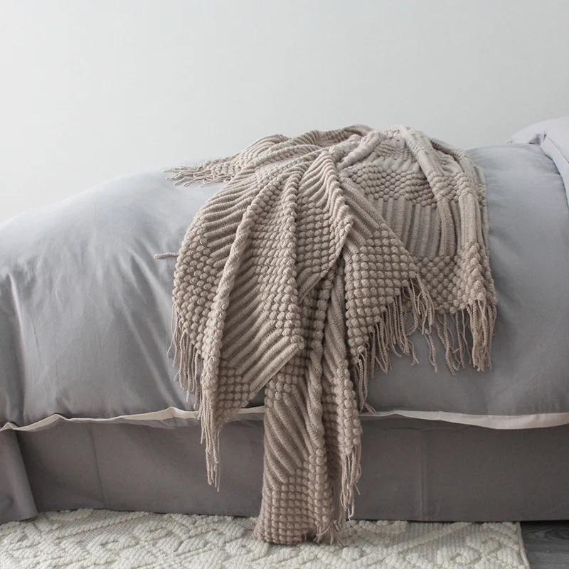 Nordic Knitted Throw Blanket - Grey & Khaki Sofa Blanket with Tassels, 110x160/200cm, Air Condition & Travel Blanket