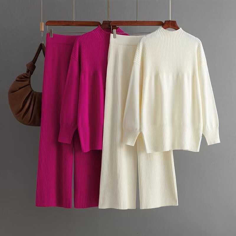 

Fashion Knitting Crew Neck Split Sweater Pants Suit Loose Knitted Sweater Pants Set Black One size