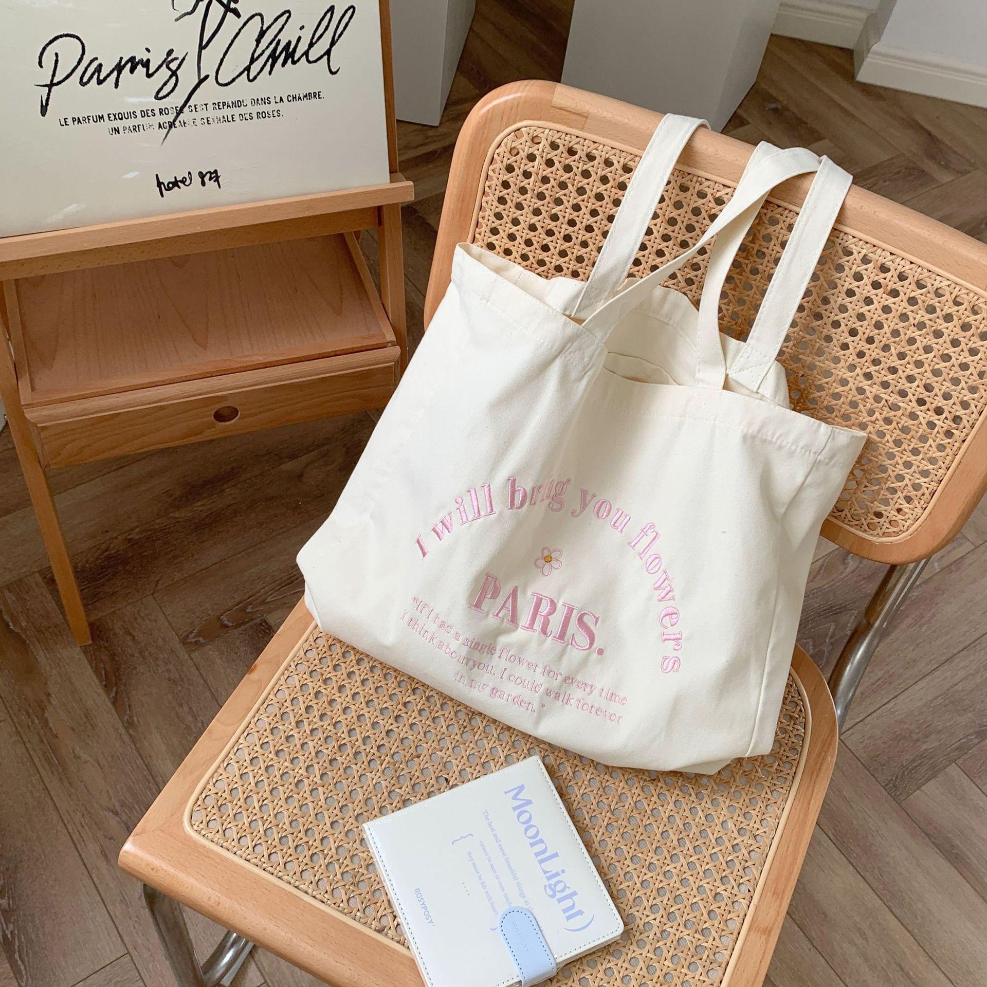 

Letter Embroidered Women s Canvas Shoulder Bag Large Capacity Student Girls Travel Casual Tote Handbags Female Eco Shopping Bags бежевый