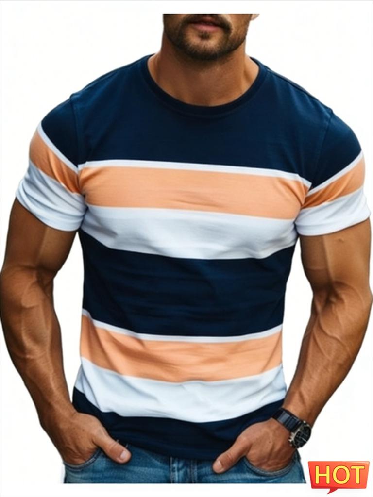 Summer Simple Striped Graphic T Shirts For Men Fashion Short Sleeve 3D Printed Crew Neck T-shirts Loose Breathable Top