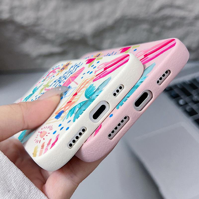 For iPhone 17 Pro Max Case Luxury Cartoon Vacation Painting Leather Texture Silicone Cover For iPhone 16 Pro Max 15 14 13 12 11 16E Air