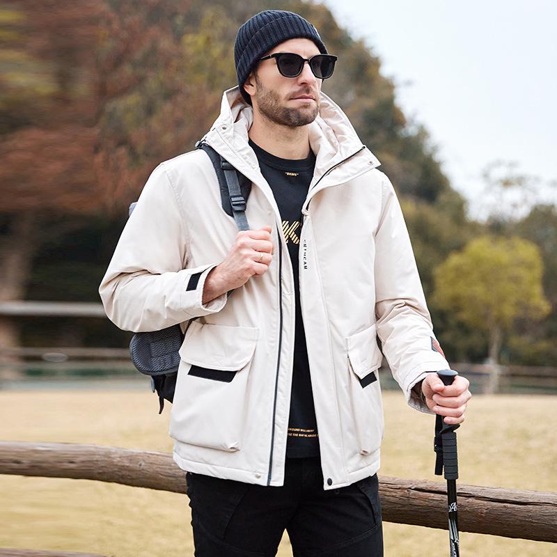 Outdoor Men's New Winter White Duck Down Jacket Versatile Men's Youth Thickened Cargo Hooded Jacket