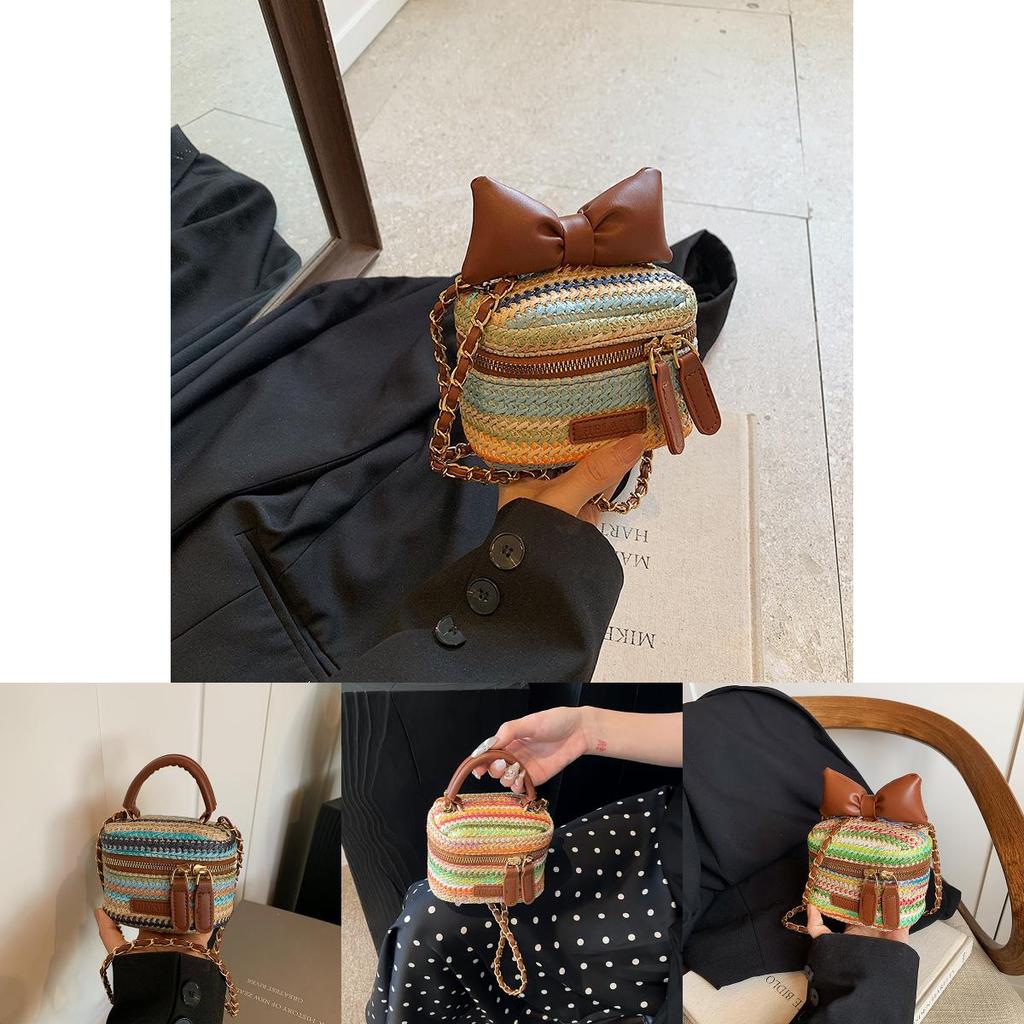 Chic Woven Pu Mini Handbag Stylish Striped Pattern Ultra-light Trendy Purse