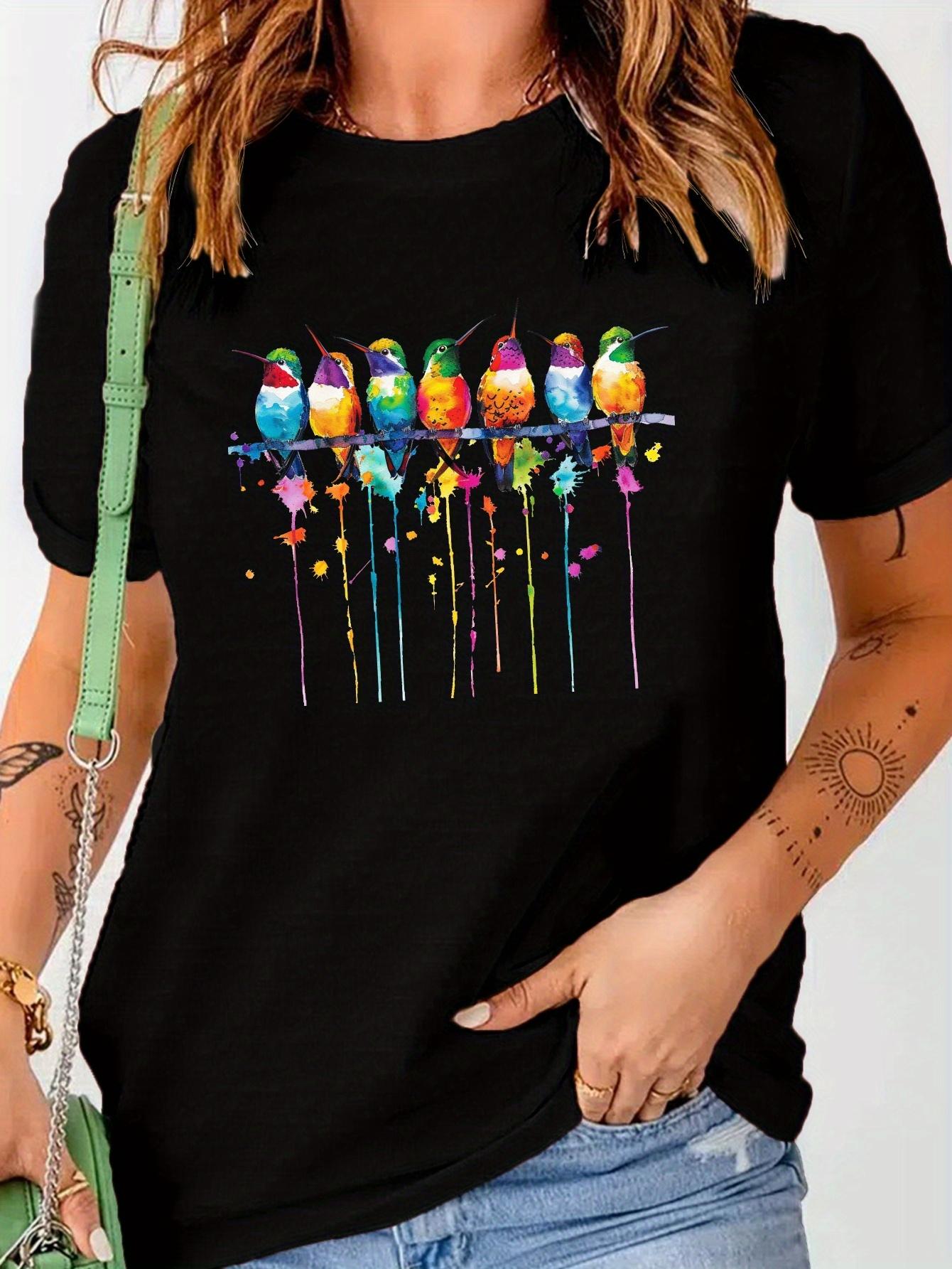 

Vibrant Watercolor Style Hummingbirds Print T-Shirt Relaxed Fit Casual Short Sleeve Crew Neck Tee for Women Womens Clothing 4XL