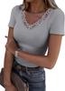 Women Lace V Neck Short Sleeve Fitted Solid T Shirt