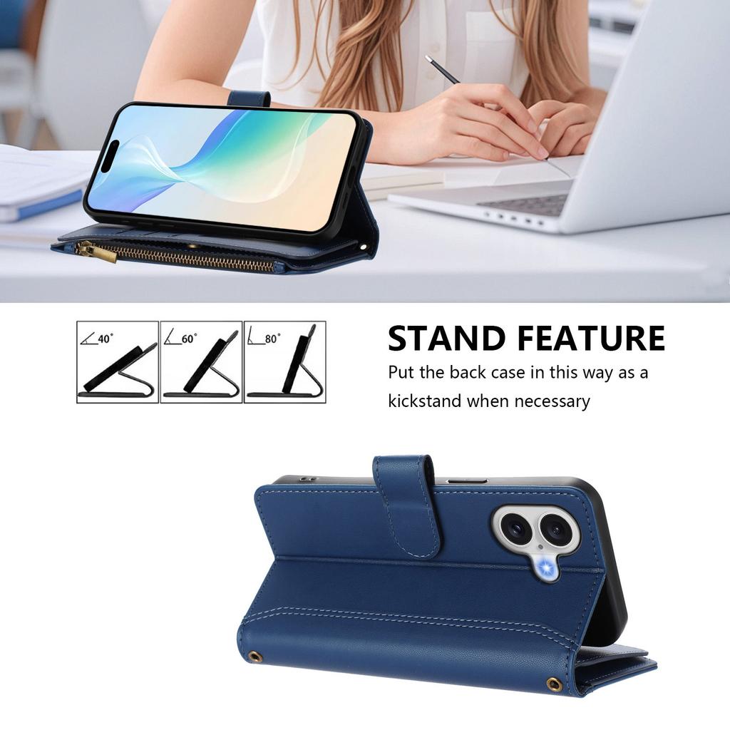 For iPhone 17 Leather Case 9 Card Slots Zipper Wallet Stand Phone Cover with Wrist Strap