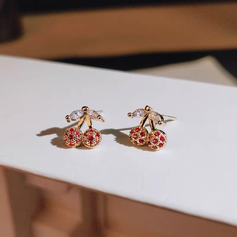 Exquisite Mini Cherry Earrings: S925 Sterling Silver with 14k Gold Plating and Sparkling Zircon Silver Pair (with Silver Earplugs)