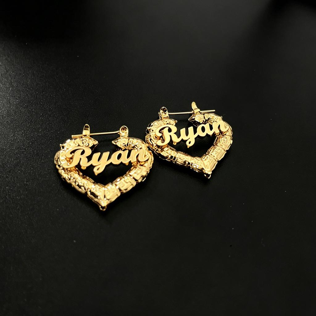 Personalized 18k Gold Plated Name Bamboo Hoop Earrings Stainless Steel 30mm 50mm 70mm 90mm Custom Heart Hoops Party DIY Gift
