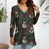 Ladies' Fashionable Casual Christmas Printed T-shirt Long Sleeved V-neck Mid Length Top