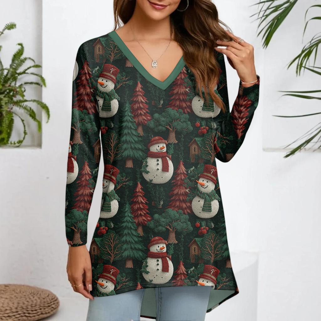 Ladies' Fashionable Casual Christmas Printed T-shirt Long Sleeved V-neck Mid Length Top