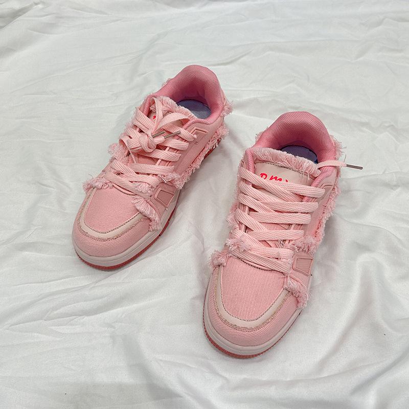 Fashion 2024 New Spring and Autumn Pink Denim Fringed Retro Bread Shoes for Women Couples Niche Sports Casual Shoes for Men