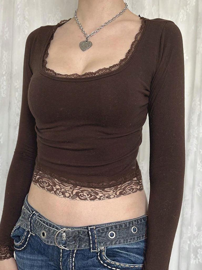 Women's Long Sleeve Slim Fit Top with Lace Trim U Neck Stretch Fabric Seamless Design Lightweight Comfortable Layering Shirt