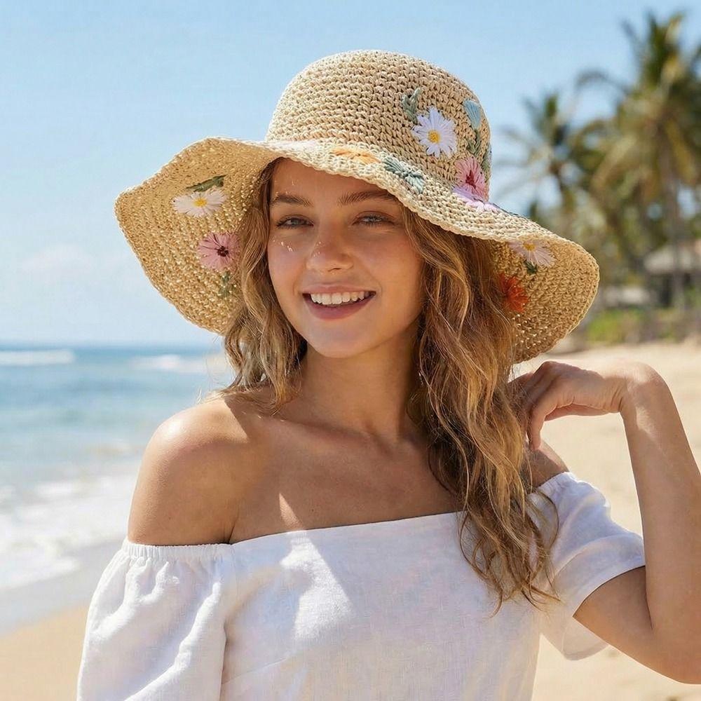 Embroidered Flower Flower Straw Hat Boho UV Protection Cap Sweet Women's Sun Hats  Travel