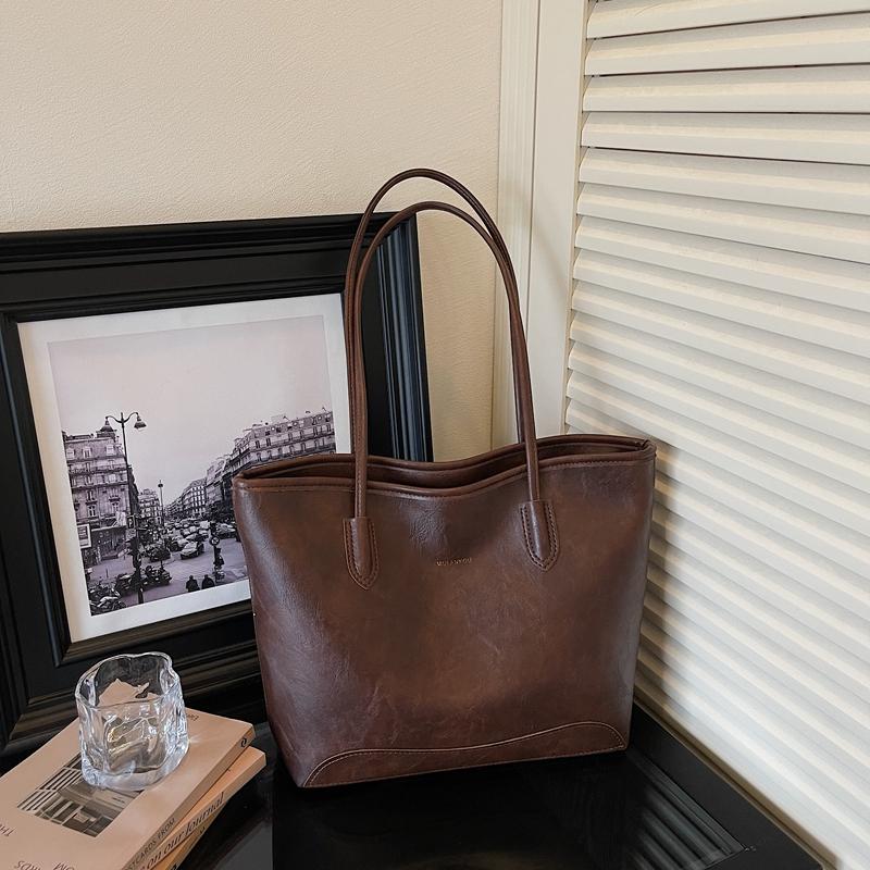 Faux Leather Tote Bag for Women Fashion Minimalist Shoulder Handbag with Wide Handles and Logo Detail