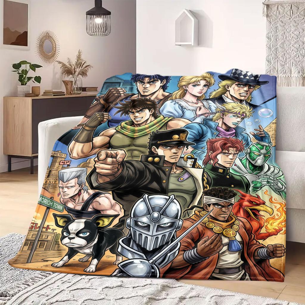 JoJo's Bizarre Adventure Cartoon Flannel Blanket, Printed Design for Bed and Sofa, Soft Home Decor, Picnic Travel Blanket_LIAN