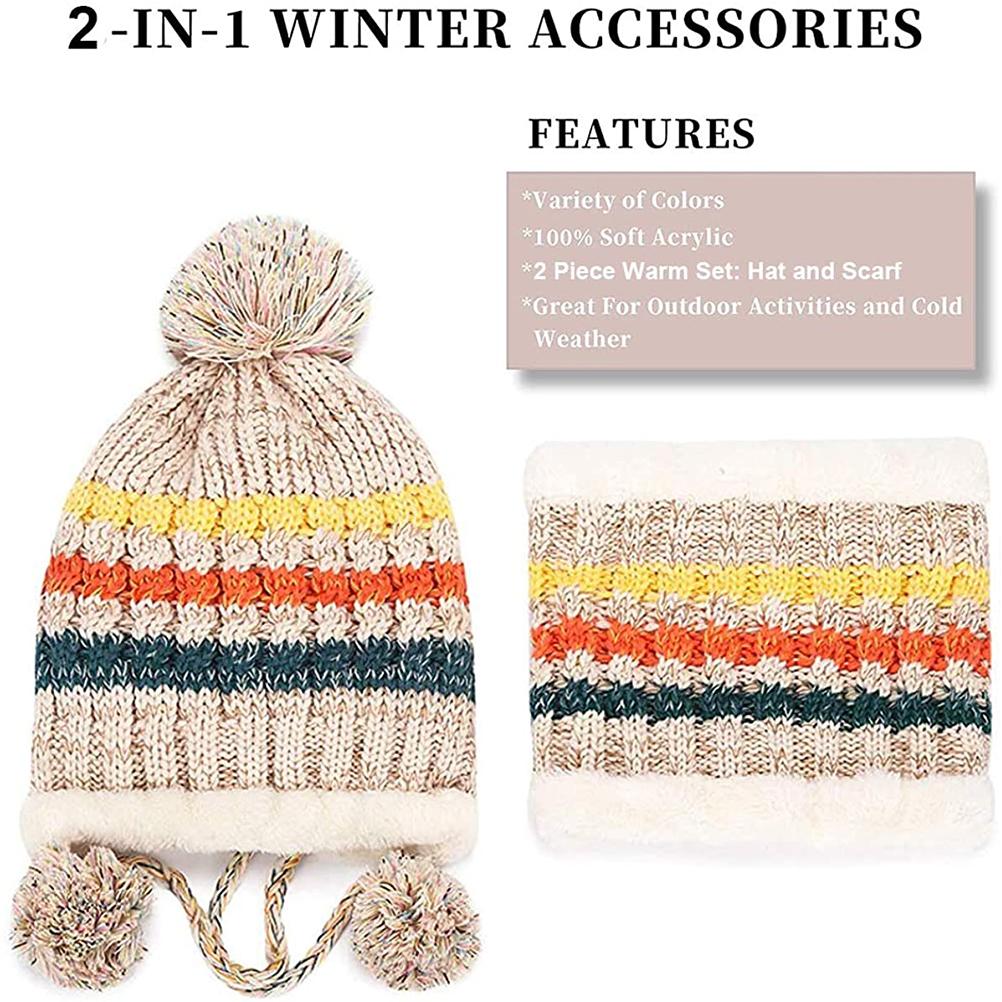 Women Knitted Beanie Hat Scarf Set Warm Thick Crochet Pompoms Hat Neckerchief for Outdoor Ski Snowboard