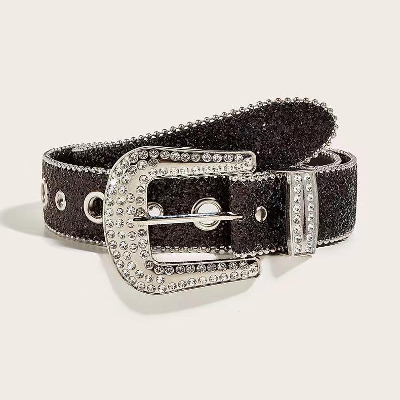 Trendy European & American Sequined Rhinestone Leather Belt