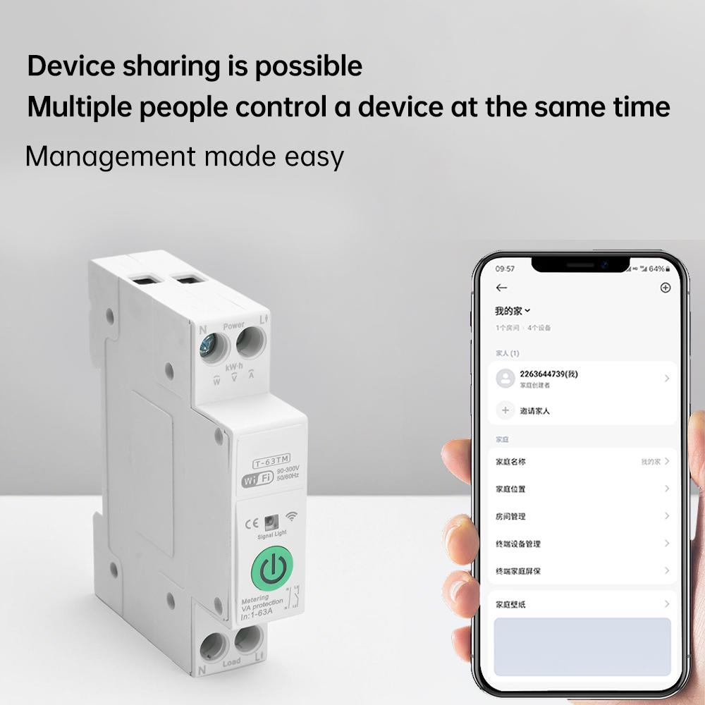 WIFI Smart Circuit Breaker Switch With Metering 63A1P Din Rail Remote Control Smart Home Smart Life App Timer Module