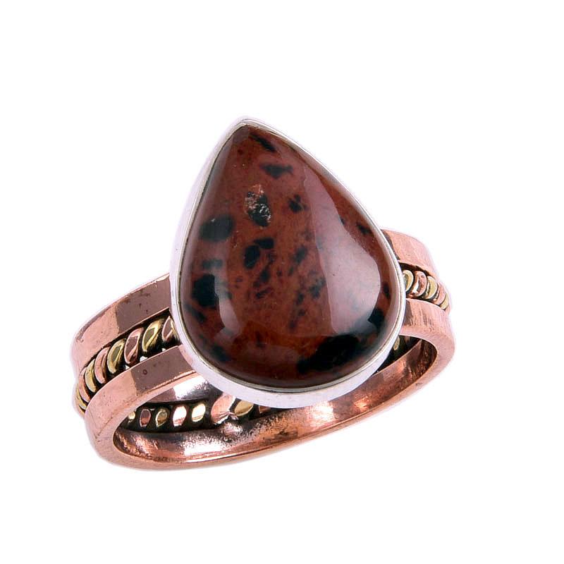 Natural Mahogany Red Obsidian Gemstone TwoTone 925 Sterling Silver Ring S.9 B1B32