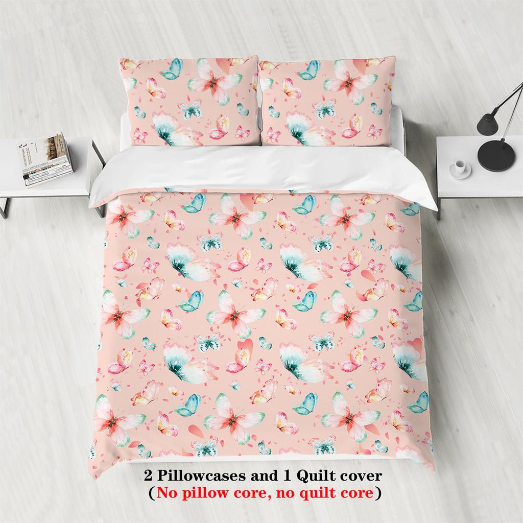 3-piece set, watercolor butterfly pattern printed bedding set, queen, king, double bed, for bedroom, guestroom, hotel