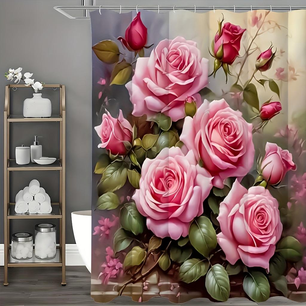 Romantic Rose Garden Shower Curtain for a Luxurious and Inviting Bathroom, Featuring Lush Pink Roses In Full Bloom with Vibrant