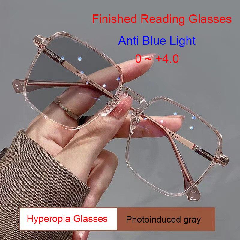 Fashion Big Square Anti Blue Light Reading Glasses Unisex Transparent Metal Frame Photochromic Eyewear Elderly Driving Glasses
