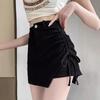 2024 Summer Women's Black Spicy Girl Ruched High Waist Irregular A-line Mini Skirt Pants