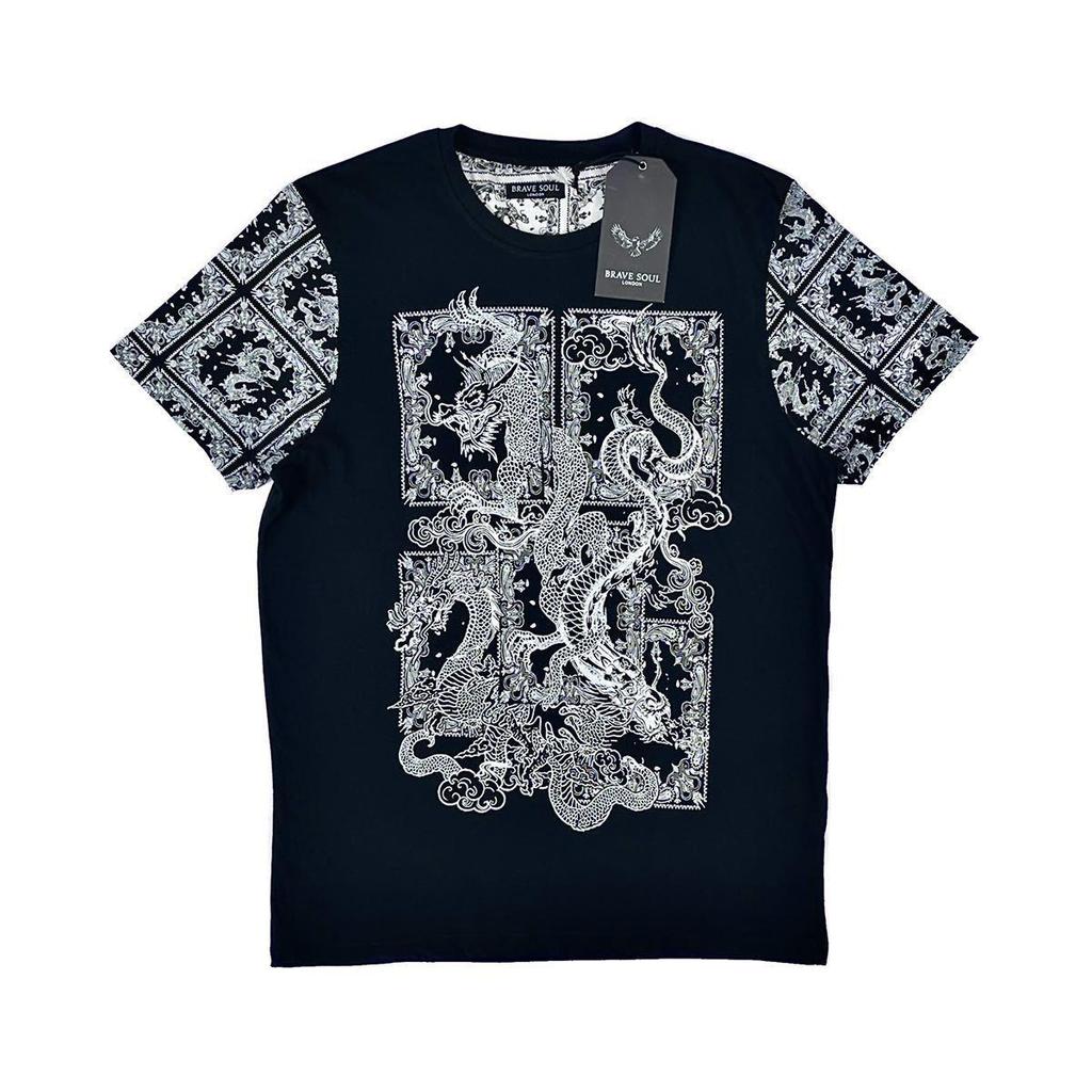 Used New BRAVE SOUL Paisley Panel Bandana Print Oriental Dragon Monochrome T-shirt UK Street M Size
