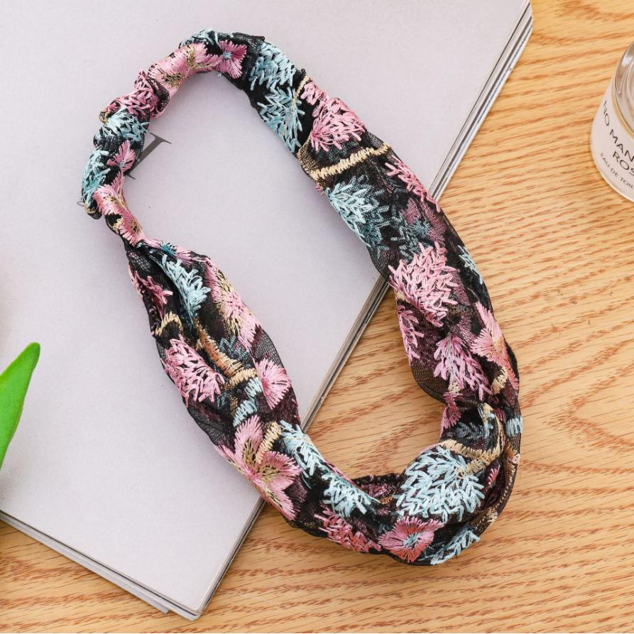 Female Ethnic Hairbands Elastic Embroidery Lace Flower Headband Chiffon Wide Head Wrap for Women Cross Knotted Hair Accessories