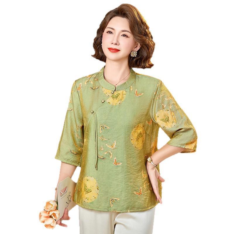 Chinese-Style Summer Mid-Sleeve Top for Middle-Aged and Elderly Women