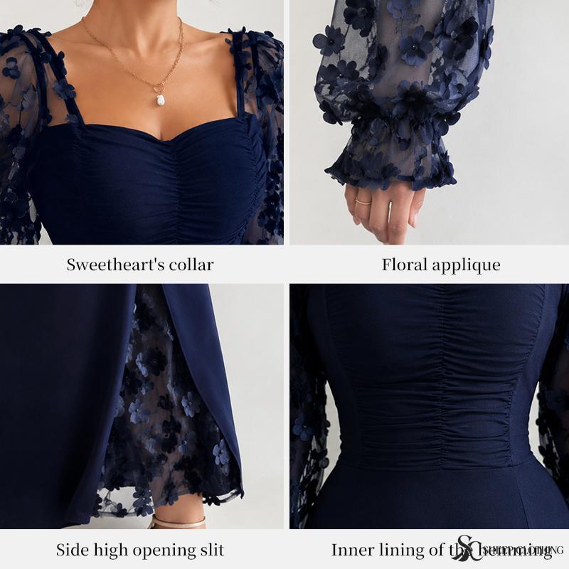 Dames Elegante Vierkante Hals Pofmouwen Mesh Inzet Jacquard Maxi Jurk 3D Slankmakend A-lijn Swing Lange Jurk
