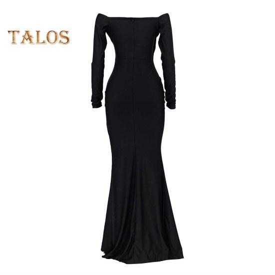 Lady Evening Dress V Neck Off Shoulder Side Slit Floor Length Long Sleeves Pleated Slim Fit Maxi Dress Ball Gown Banquet Party Dress