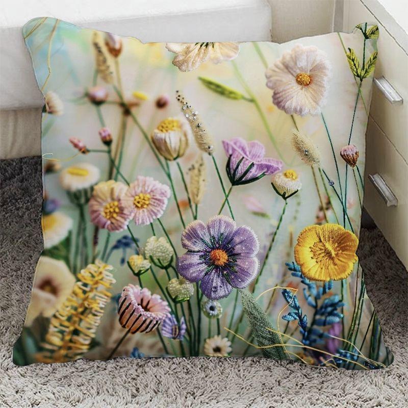 Funda de almohada de floración rica con adorno de flor tridimensional Funda de almohada Decoración de sofá para el hogar Funda de cojín Almohada de mesita de noche
