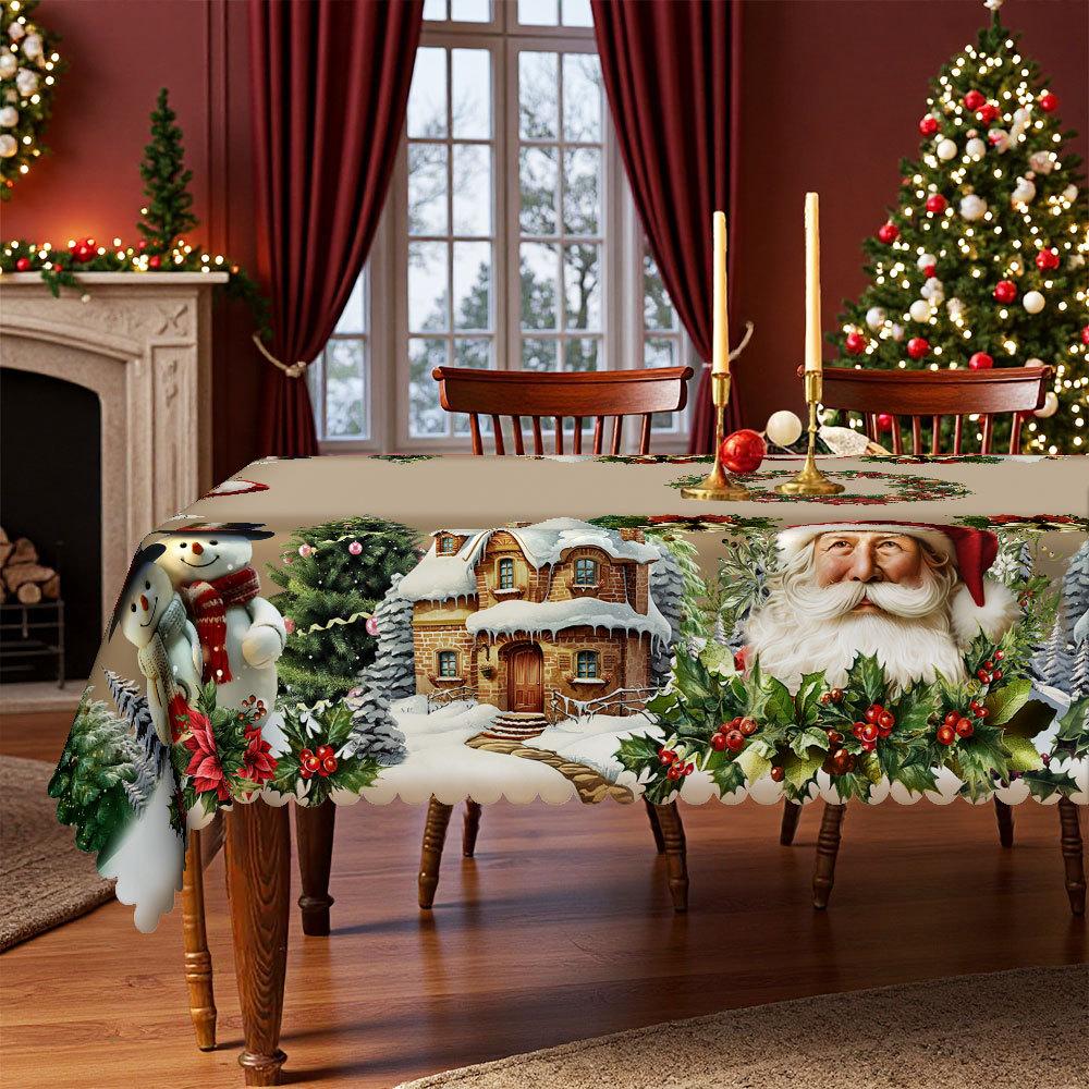 Light Luxury Christmas Waterproof Tablecloth, Santa Claus Snow Print Rectangular And Round Table Tablecloth